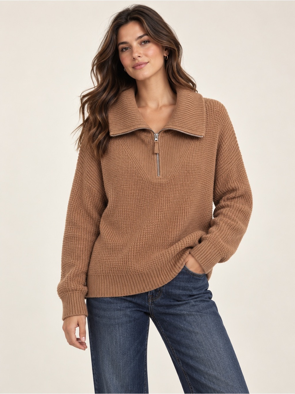 Aerie Oversized Camel Brown Half-Zip Knit Sweater S